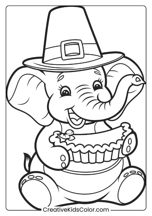 Coloring Page Of An Elephant With A Pilgrim Hat Holding A Pie.
