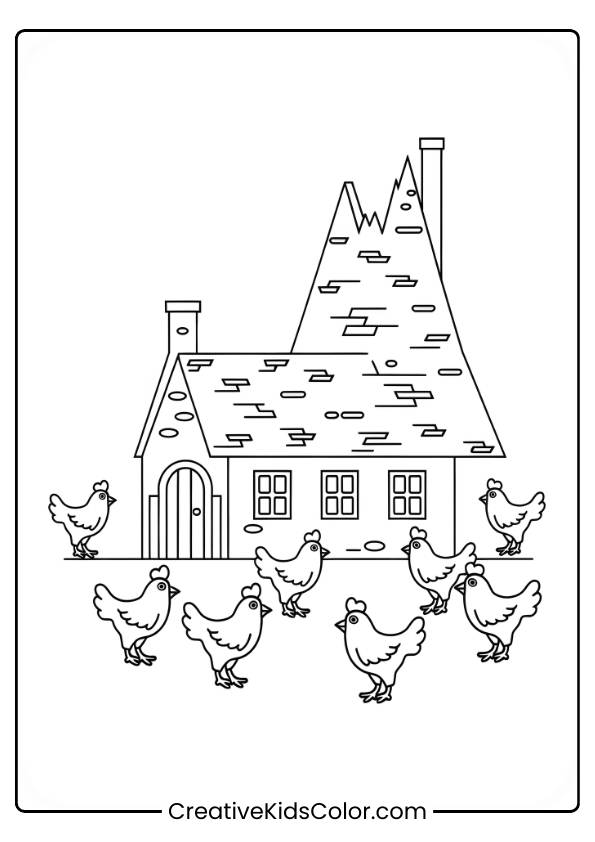 The Burrow Is Depicted With Magical Chickens Wandering The Yard, Adding A Whimsical Charm To The Scene In This Coloring Page.