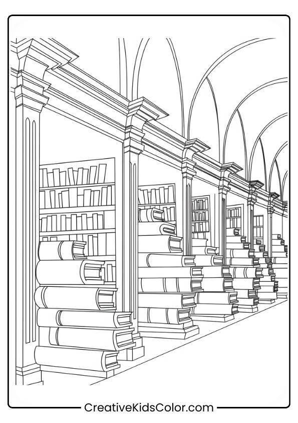 The Hogwarts Library'S Towering Bookshelves Are Filled With Ancient, Magical Books, Exuding A Sense Of Knowledge And History In This Coloring Page.