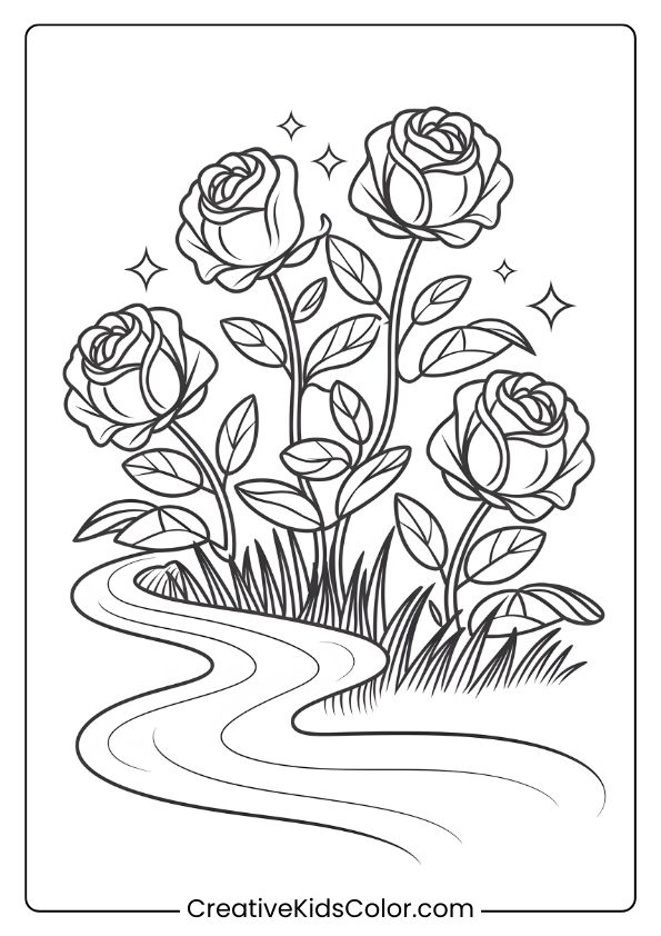 Coloring Page Of Four Roses Beside A River Path, Surrounded By Stars, Creating A Whimsical, Magical Scene.