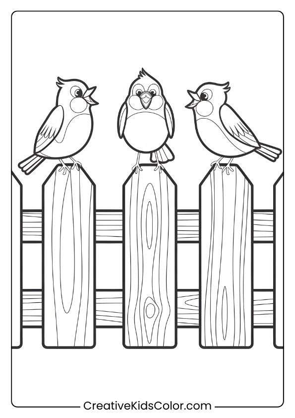 Three Birds Chirping On A Wooden Fence, Perfect For A Fun And Interactive Bird Coloring Page For Children.