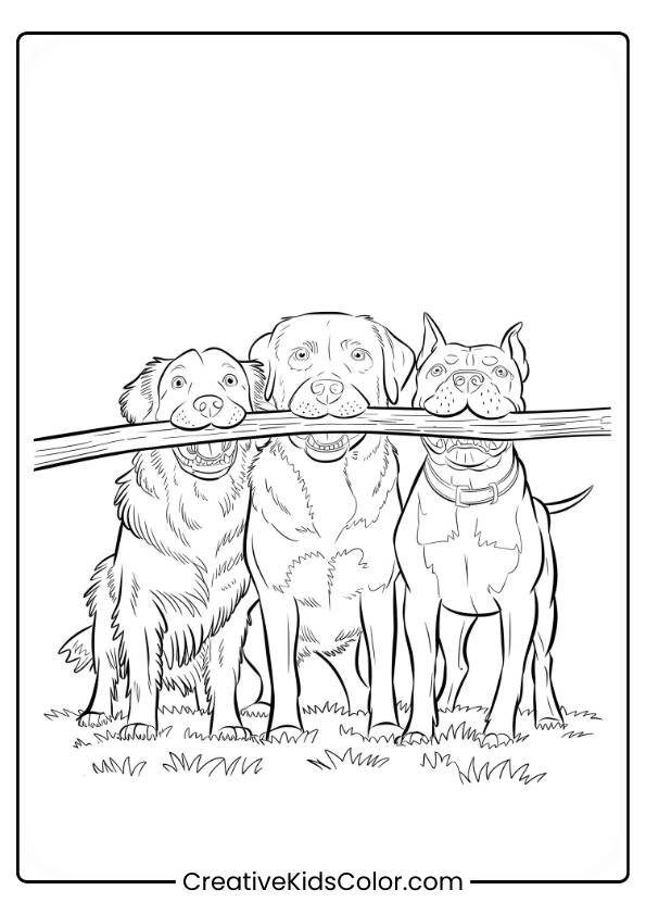 Three Dogs Holding A Big Stick Together In A Playful Outdoor Scene In A Dog Coloring Page.