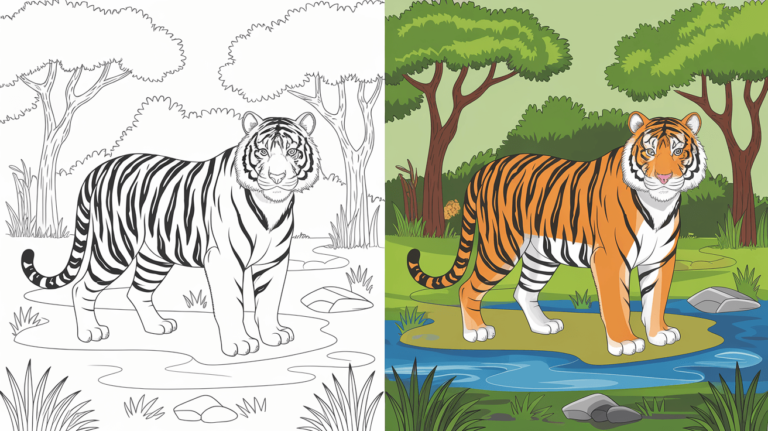 This Coloring Page Cover Shows A Tiger By A Pond In Monochrome On The Left And Fully Colored In A Lush Setting On The Right.