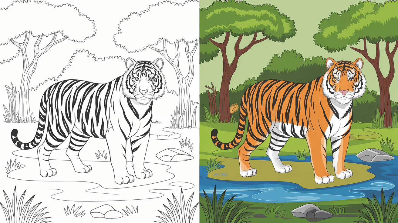 This Coloring Page Cover Shows A Tiger By A Pond In Monochrome On The Left And Fully Colored In A Lush Setting On The Right.