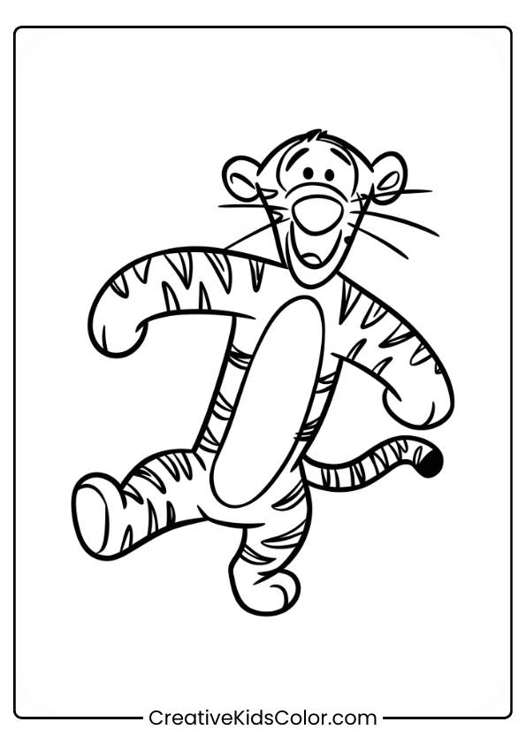 Tigger Coloring Page Featuring The Character Mid-Bounce, With A Cheerful Expression And Dynamic Pose.
