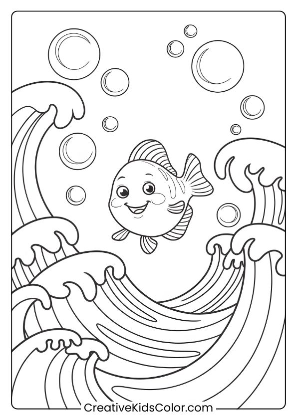 A Small Fish Surrounded By Waves And Bubbles Offers A Whimsical, Bubbly Underwater Scene For Coloring.