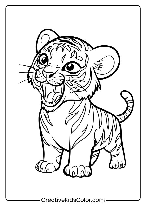 Tiny Tiger Coloring Page Featuring A Roaring Tiger Cub With Wide Eyes And A Fluffy Tail.