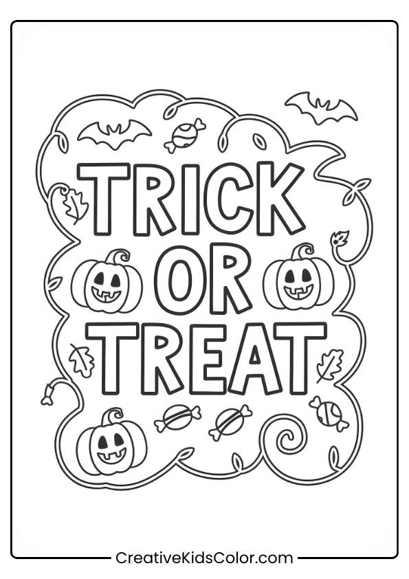 Trick-Or-Treat With Pumpkins And Bats On A Fall Evening In This Halloween Coloring Page.