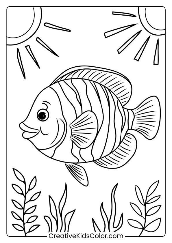 A Striped Fish With Large Eyes Glides Beneath Sunlit Waters, Surrounded By Seaweed And Coral, Perfect For Vibrant Coloring.