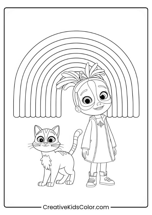 True And Her Striped Cat Stand Under A Vibrant Rainbow, Embarking On A New Adventure In This Colorful Page.