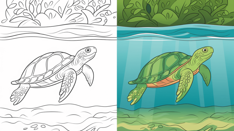 Turtle Coloring Page Split-View Showing A Sea Turtle Near The Ocean Floor, With One Side In Black-And-White And The Other Fully Colored.