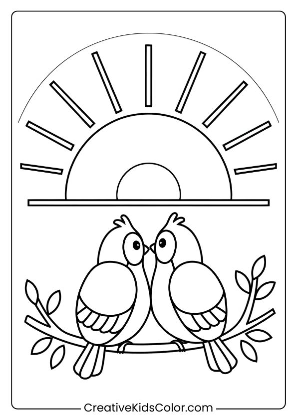 Birds Watching The Sunset On A Branch, Ideal For A Peaceful Bird Coloring Page For Kids.
