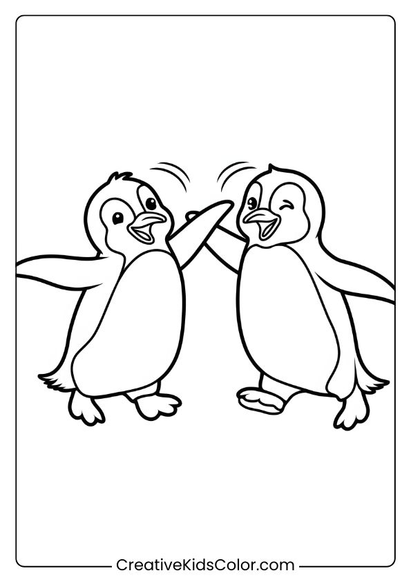 Two Penguins Playing Joyfully Together, A Heartwarming Penguin Friendship Coloring Page.