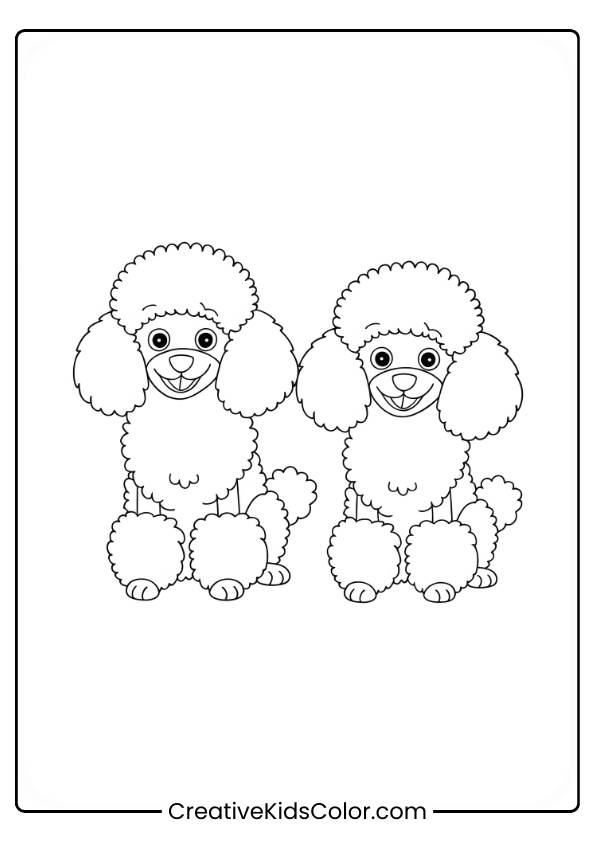 Two Smiling Miniature Poodles Sitting Side By Side With Curly Fur In A Dog Coloring Page.
