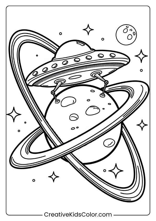 Coloring Page Of A Ufo Parked Near A Ringed Planet With Stars, Creating A Classic Alien And Space Scene.