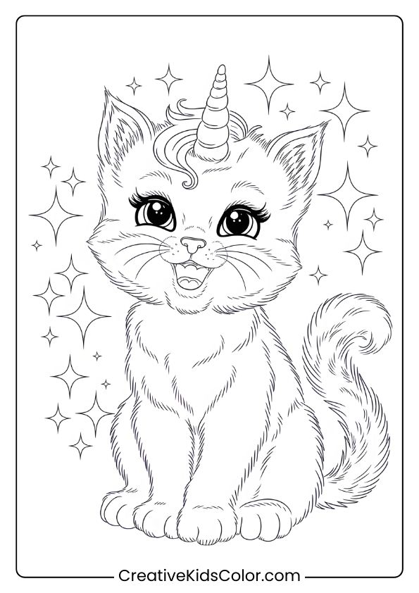 A Unicorn Kitten Surrounded By Sparkles, Perfect For An Enchanting And Magical Coloring Page.