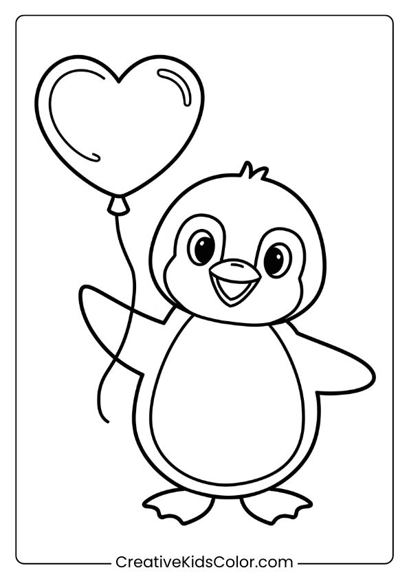 A Penguin Holding A Valentine Heart Balloon, Ideal For A Love-Themed Penguin Coloring Page.
