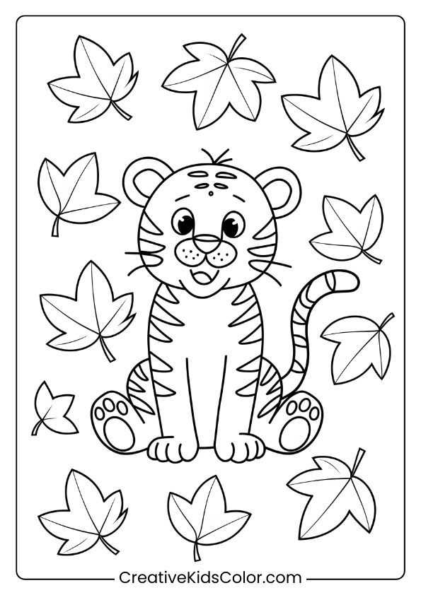 Autumn Tiger Coloring Page Featuring A Tiger Sitting With Scattered Fall Leaves Around It.
