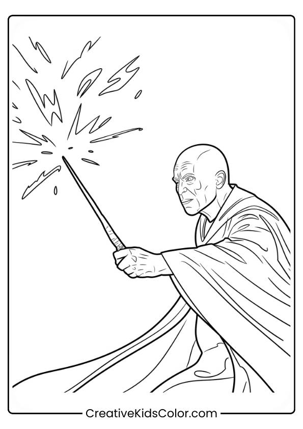 Voldemort, With His Stern Expression, Wields His Wand, Casting A Burst Of Dark Magic In This Ominous Coloring Page.
