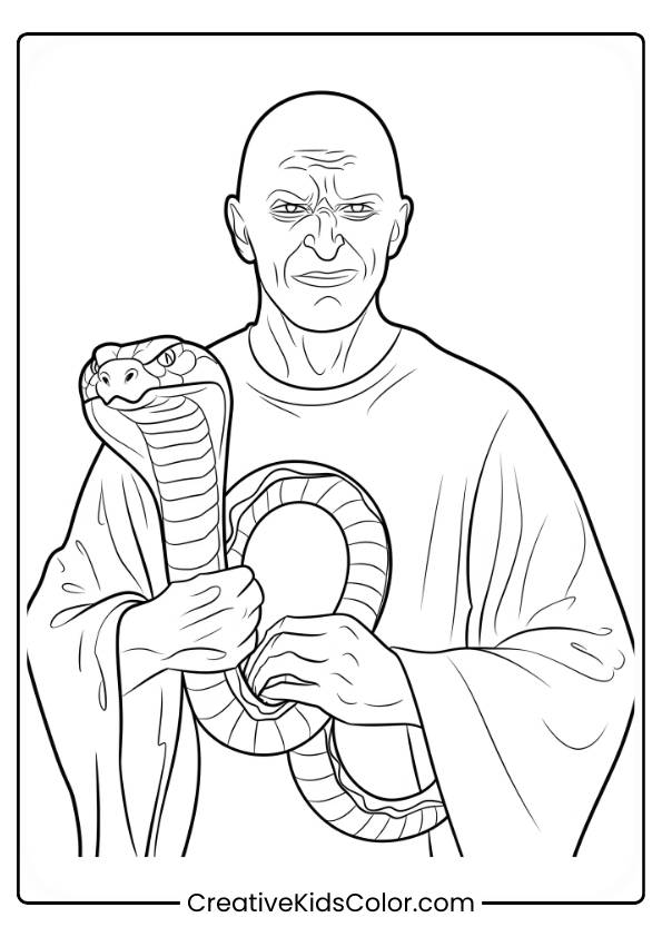Voldemort Stands With A Sinister Expression, Holding Nagini, His Snake, Coiled Around Him, In This Dark And Intense Coloring Page.