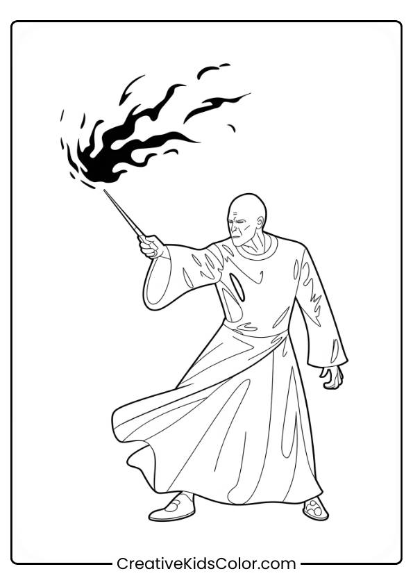 Voldemort Focuses Intently As He Casts A Dark Spell, With Flames Emanating From His Wand In This Dramatic Coloring Page.