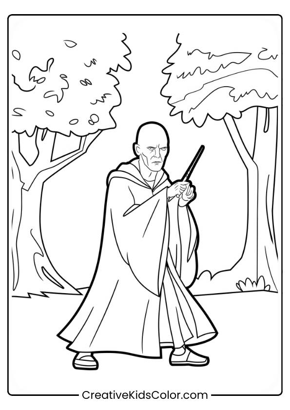 Voldemort Stands In The Forbidden Forest, Holding His Wand, Ready For Battle, In This Dramatic Coloring Page.