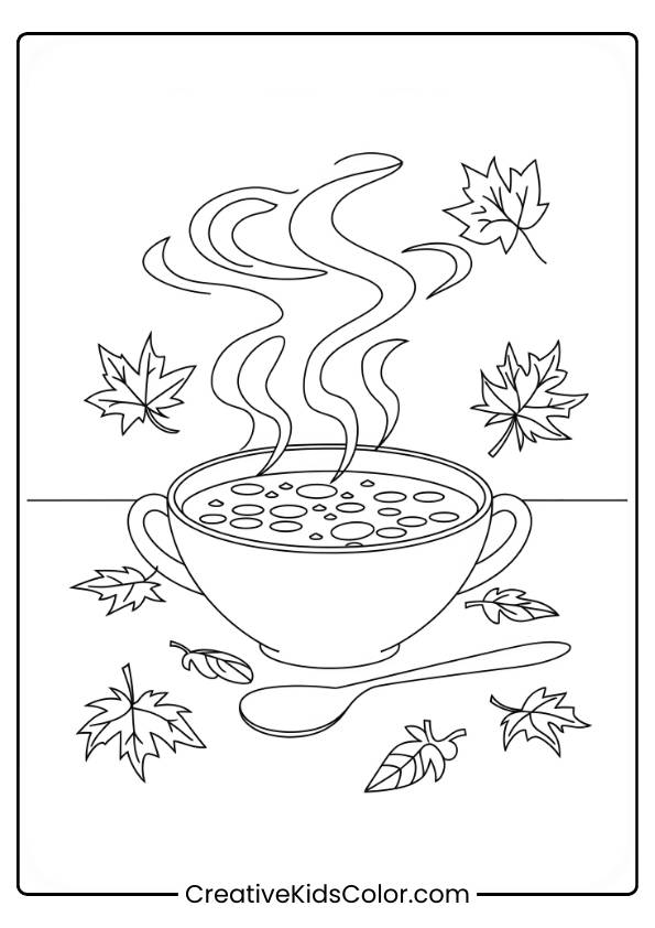 Warm Soup On A Cool Autumn Day, Illustrated In This Cozy Fall Coloring Page.