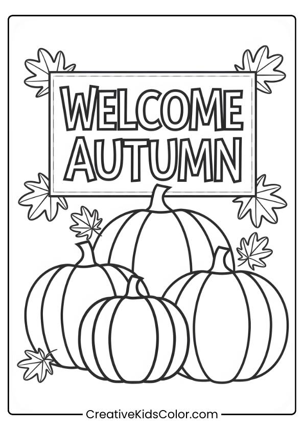 Welcome Autumn Sign With Pumpkins And Leaves, Drawn For A Fall Coloring Page.