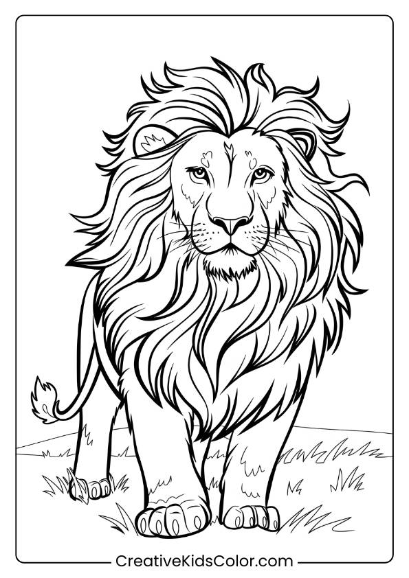 A Wild Lion With A Flowing Mane Standing In A Grassy Area, Perfect For Kids To Color In This Detailed Lion Coloring Page.