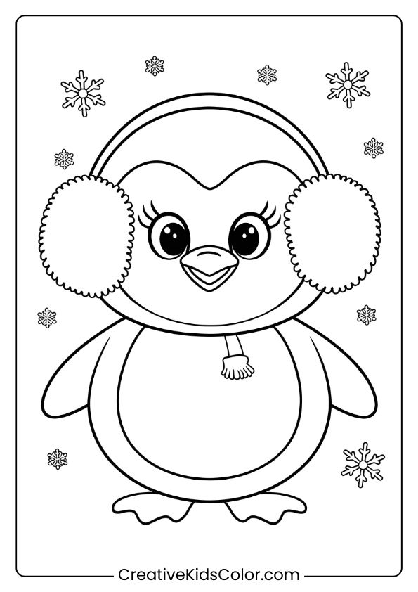 A Penguin With Ear Muffs And Snowflakes, Perfect For A Winter-Themed Coloring Page.