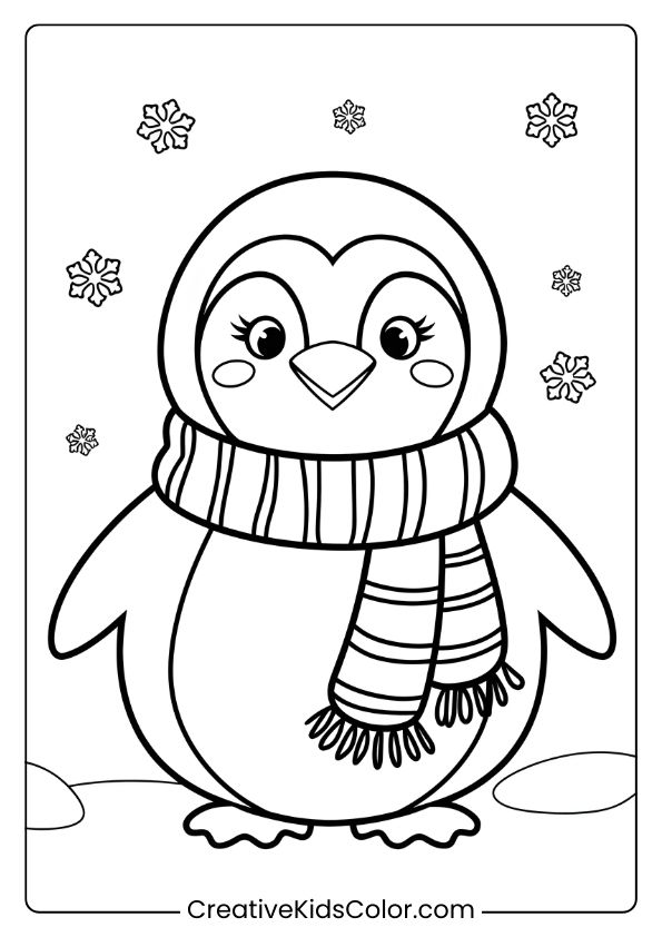 A Penguin In A Cozy Winter Scarf With Snowflakes Around, Perfect For A Winter Penguin Coloring Page.
