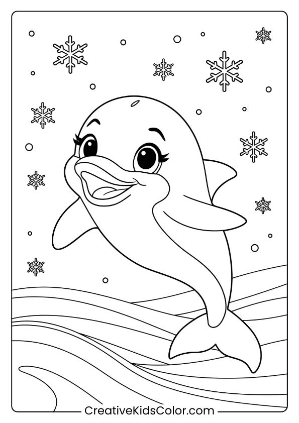 Winter The Dolphin In A Snowy Ocean Scene, Creating A Unique And Seasonal Coloring Page.