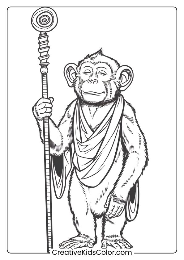 A Wise Monkey Coloring Page With A Calm Monkey Holding A Tall, Spiral-Topped Staff, Suggesting Wisdom.