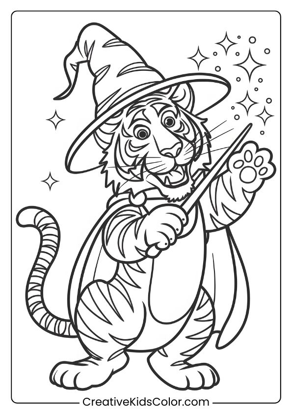 Wizard Tiger Coloring Page Showing A Tiger In A Hat, Casting Magical Spells With Sparkles Around.