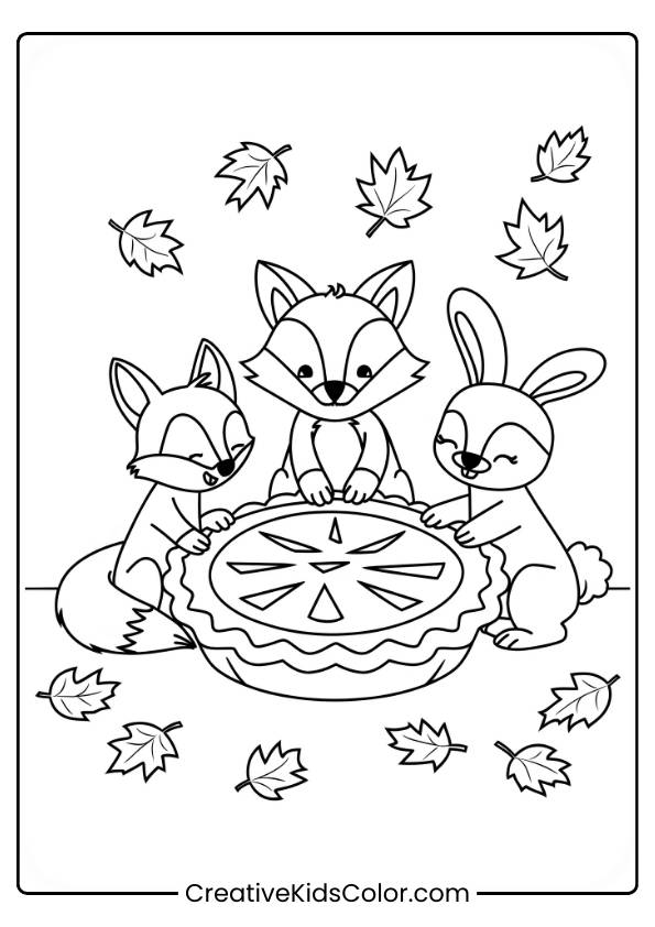 Woodland Critters Sharing Pumpkin Pie In A Meadow Filled With Autumn Leaves In This Coloring Page.