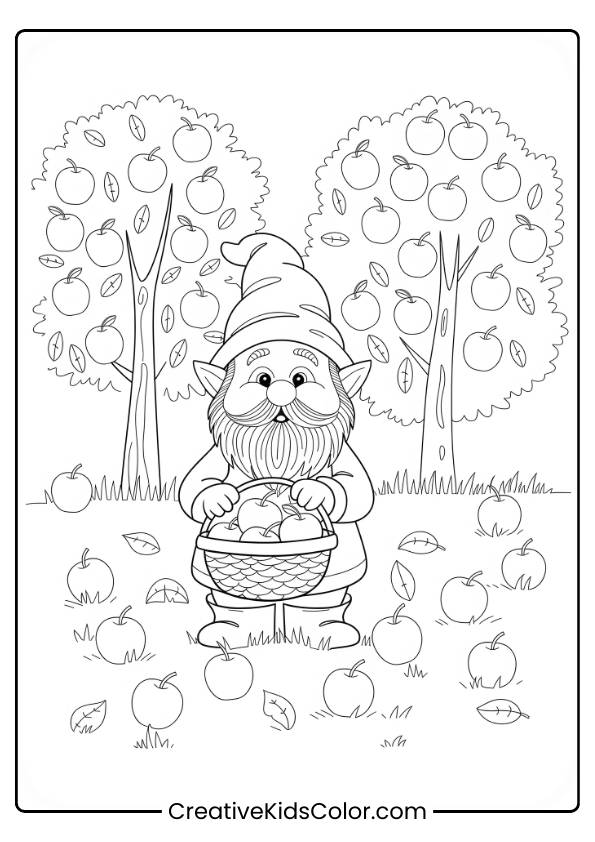 A Woodland Gnome Picking Apples In An Autumn Field Is The Highlight Of This Coloring Page.