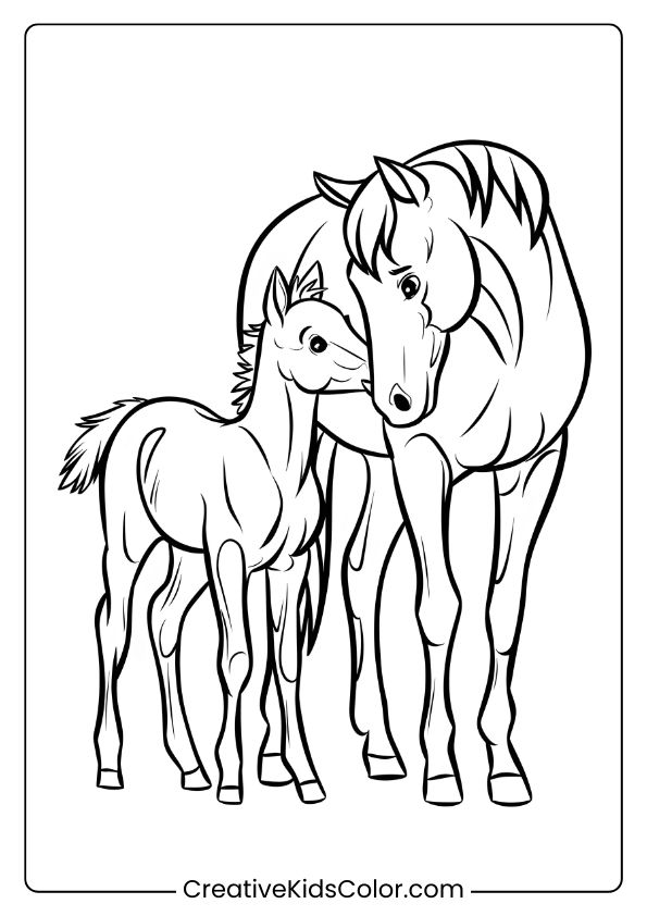A Young Foal With Its Mother, Highlighting A Tender Bond Perfect For A Coloring Page.