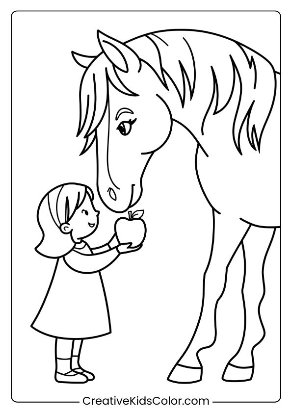 A Girl Feeding A Horse An Apple, In A Delightful And Engaging Coloring Scene.