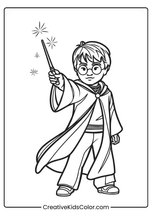 Harry Potter Stands With His Wand Raised, Emitting Sparks, Dressed In His Hogwarts Robes In This Coloring Page.