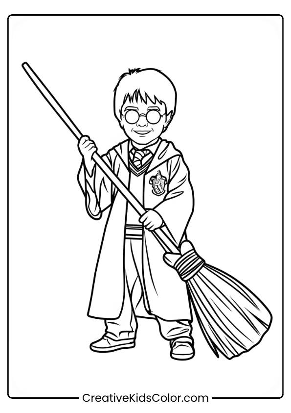 Harry Potter Stands Confidently Holding His Nimbus 2000, Dressed In His Wizard Robe, Ready For A Magical Adventure In This Coloring Page.