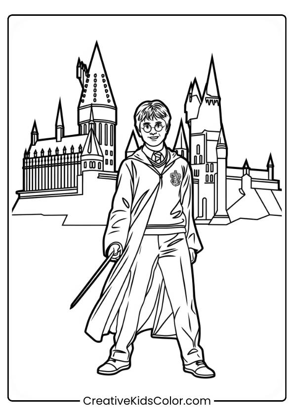 Harry Potter Stands Confidently In Front Of Hogwarts Castle, Holding His Wand, In This Iconic Scene From The Wizarding World.