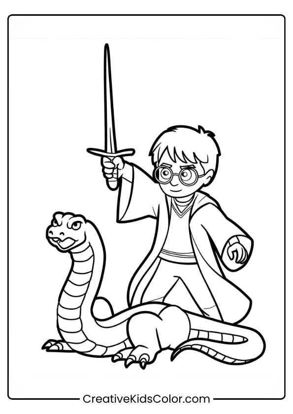 Harry Potter Stands Bravely, Holding The Gryffindor Sword, As He Faces The Massive Basilisk In This Action-Packed Coloring Page.