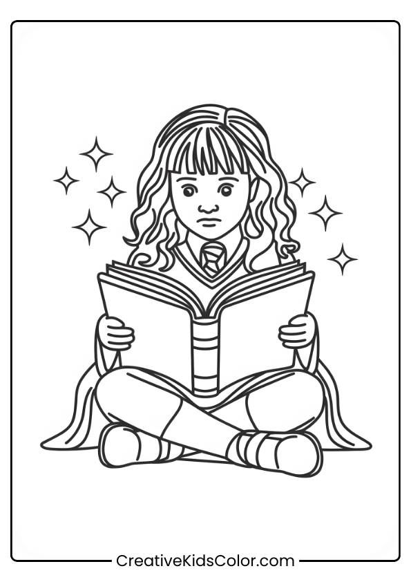 Hermione Granger Sits Cross-Legged, Reading A Book Surrounded By Magical Symbols In This Coloring Page.