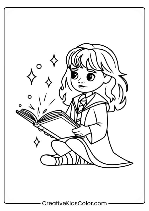 Hermione Granger Sits With A Book Emitting Magical Sparkles, Symbolizing Her Dedication To Learning In This Coloring Page.