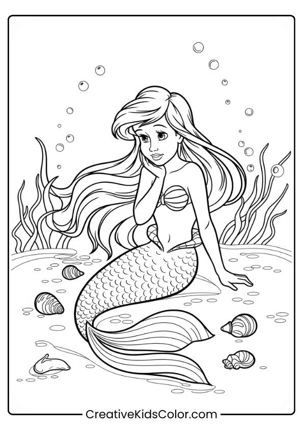 Andersen'S Little Mermaid Sitting Underwater Surrounded By Seashells, Seaweed, And Fish In This Serene Coloring Page.