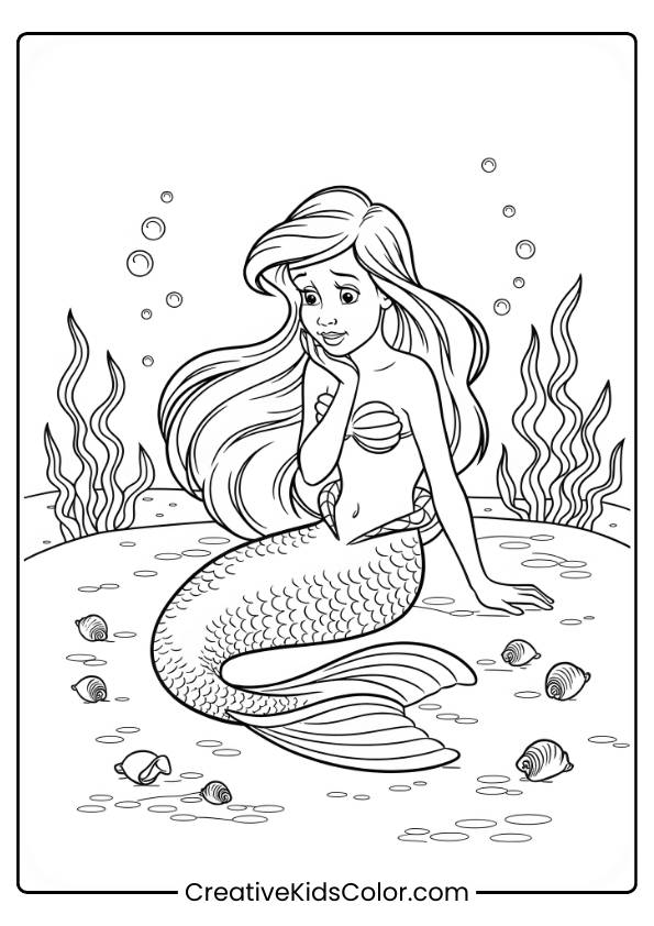 Andersen'S Little Mermaid Sitting Thoughtfully Underwater, Surrounded By Sea Creatures In This Peaceful Coloring Page.
