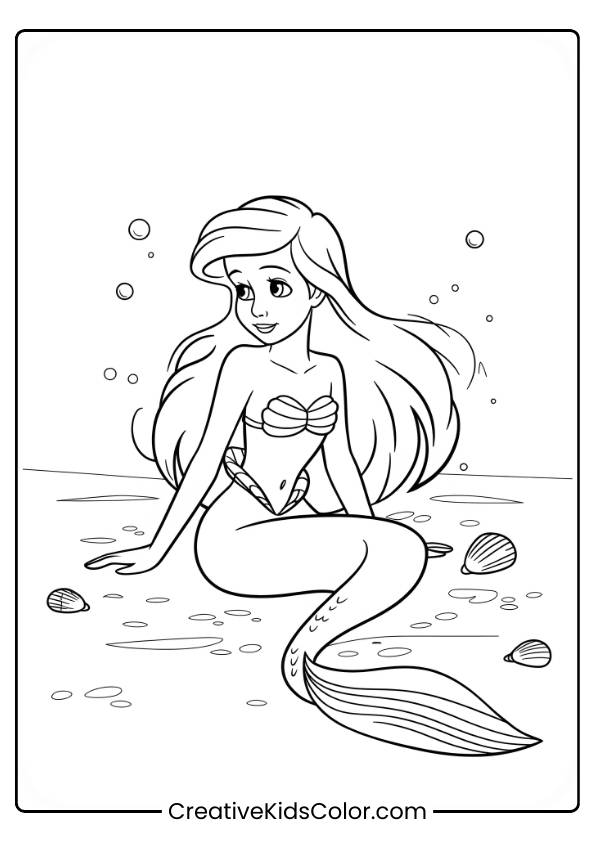 Andersen'S Little Mermaid Sitting Gracefully Underwater With Bubbles And Seashells In This Coloring Page.