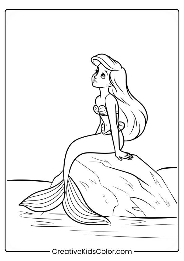 Andersen'S Little Mermaid Sitting On A Rock, Gazing Into The Distance With Long Flowing Hair In This Coloring Page.