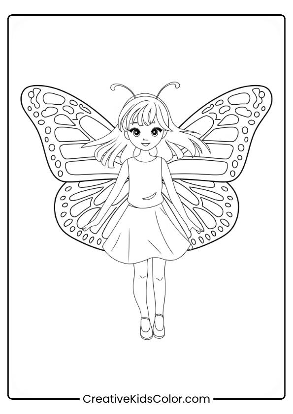 Schmetterlings Ausmalbild Mit Einem Anime-Mädchen, Das Selbstbewusst Dasteht, Mit Großen, Detaillierten Schmetterlingsflügeln Hinter Ihr.
