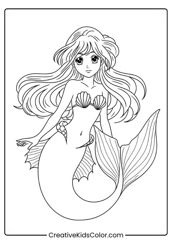 Anime Mermaid Swimming Gracefully Underwater With Flowing Hair And Expressive Eyes In This Elegant Coloring Page.